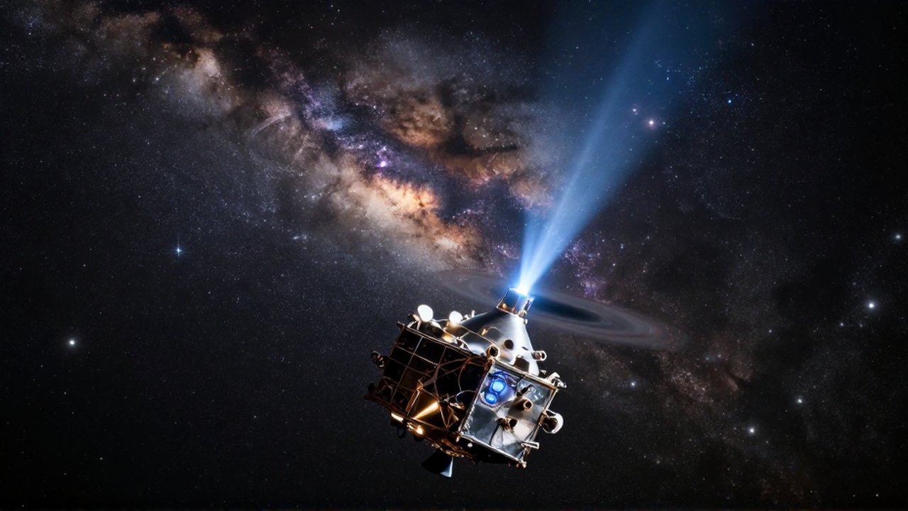Sonda espacial metálica navegando en el cosmos hacia un púlsar con haces de luz brillantes.