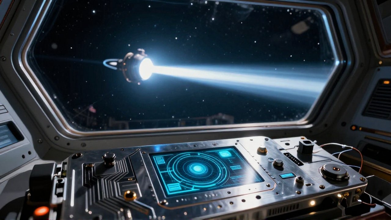 Computadora de navegación espacial con sensores holográficos intentando rastrear un púlsar brillante en el espacio.