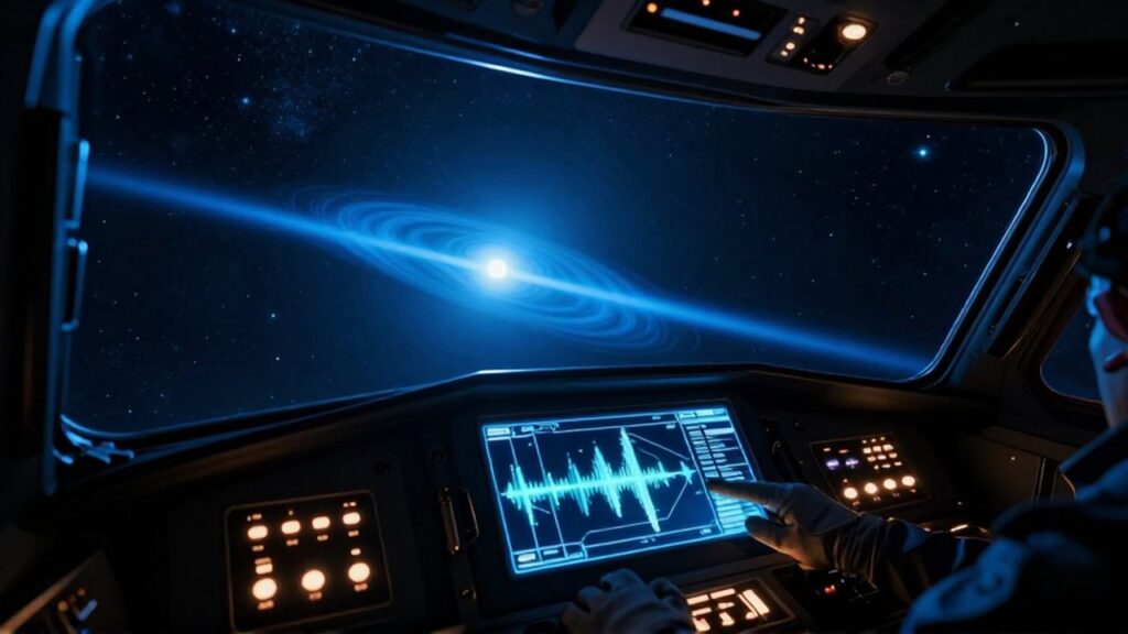 Interior de nave espacial con una consola de navegación frente a una estrella de neutrones brillante.