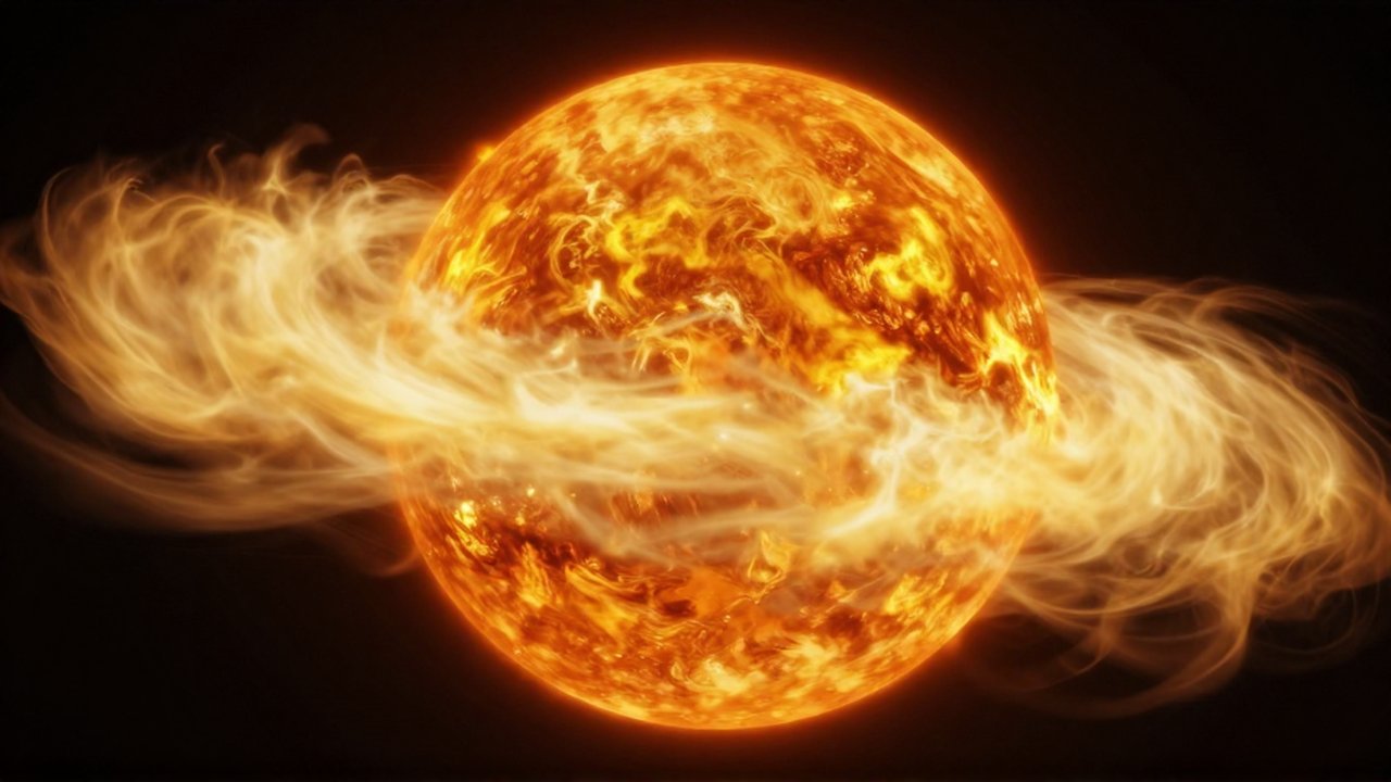 Vista orbital del planeta Venus con atmósfera turbulenta de nubes amarillentas y un resplandor térmico anaranjado.