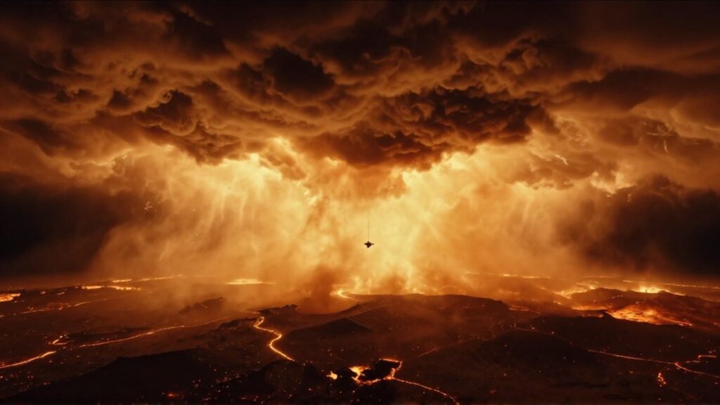 Corte transversal del planeta Venus con nubes espesas de ácido sulfúrico y una superficie volcánica ardiente.