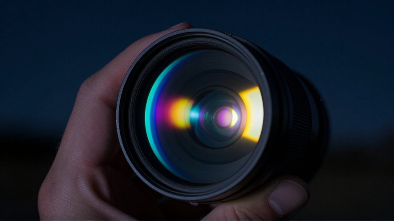 Primer plano de una lente de telescopio mostrando la aberración cromática con bordes de colores brillantes.