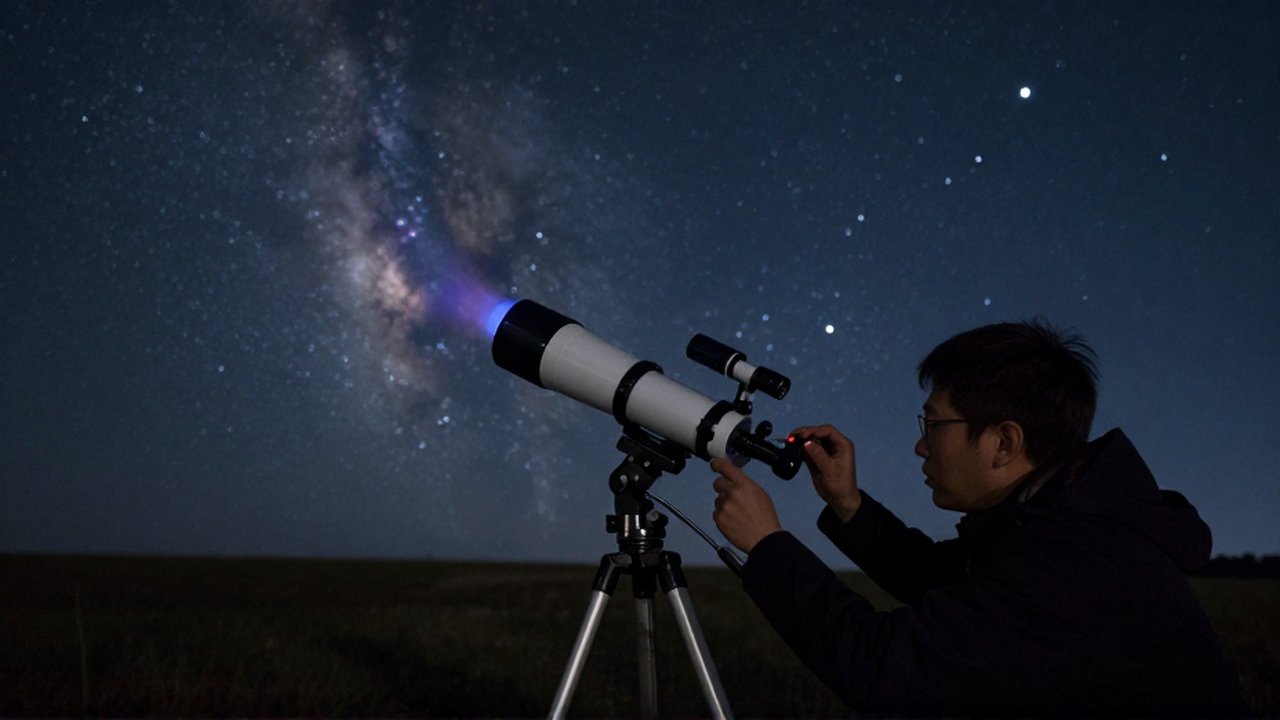 Un astrónomo ajusta un telescopio refractor bajo un cielo nocturno estrellado en un campo abierto.