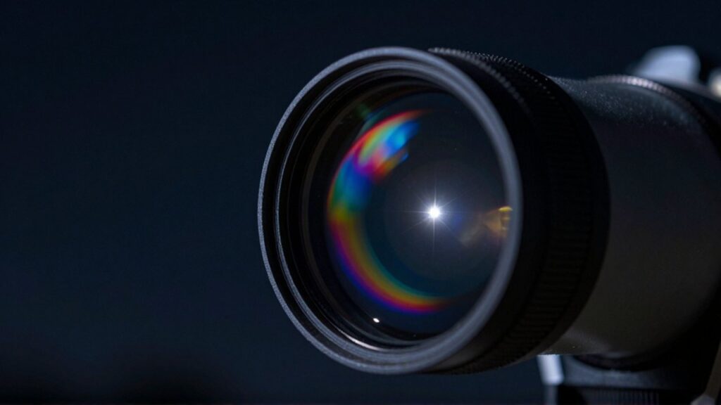 Primer plano de una lente de telescopio mostrando la aberración cromática de una estrella brillante.