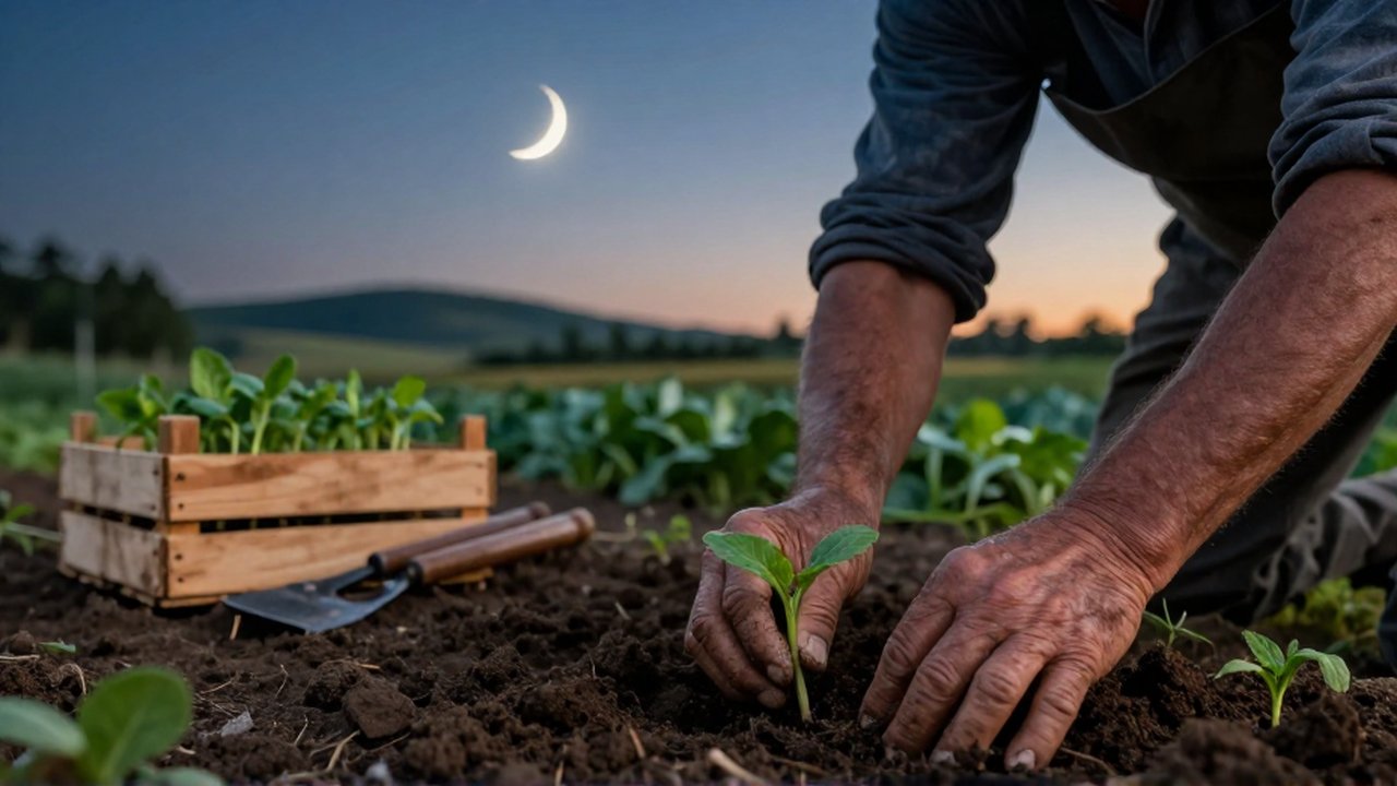 Manos curtidas de un agricultor plantan brotes verdes en la tierra bajo una luna creciente.