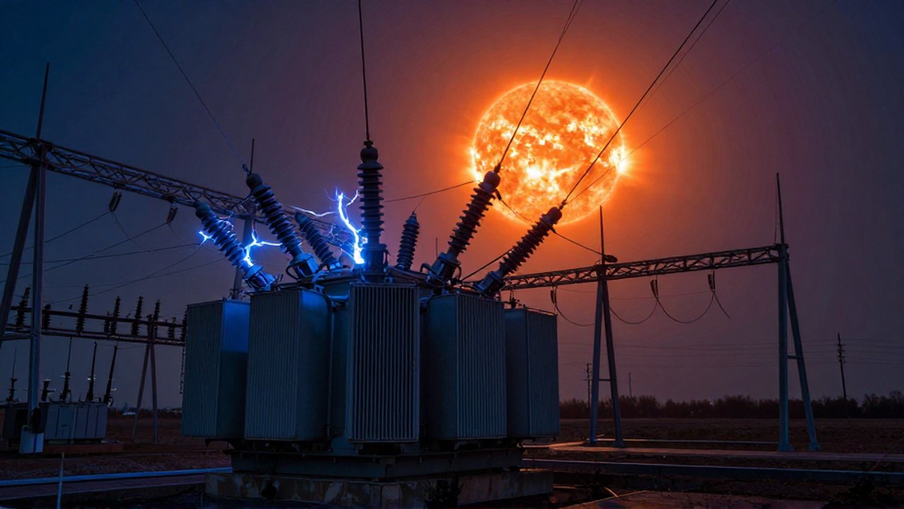 Subestación eléctrica bajo un cielo crepuscular con arcos eléctricos y una llamarada solar gigante.