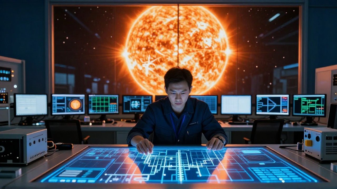 Ingeniero especializado analiza un mapa holográfico de una red eléctrica mientras una llamarada solar brilla al fondo.