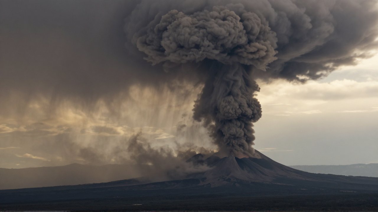 Una gran erupción volcánica lanza una columna de ceniza y aerosoles hacia un cielo oscurecido.