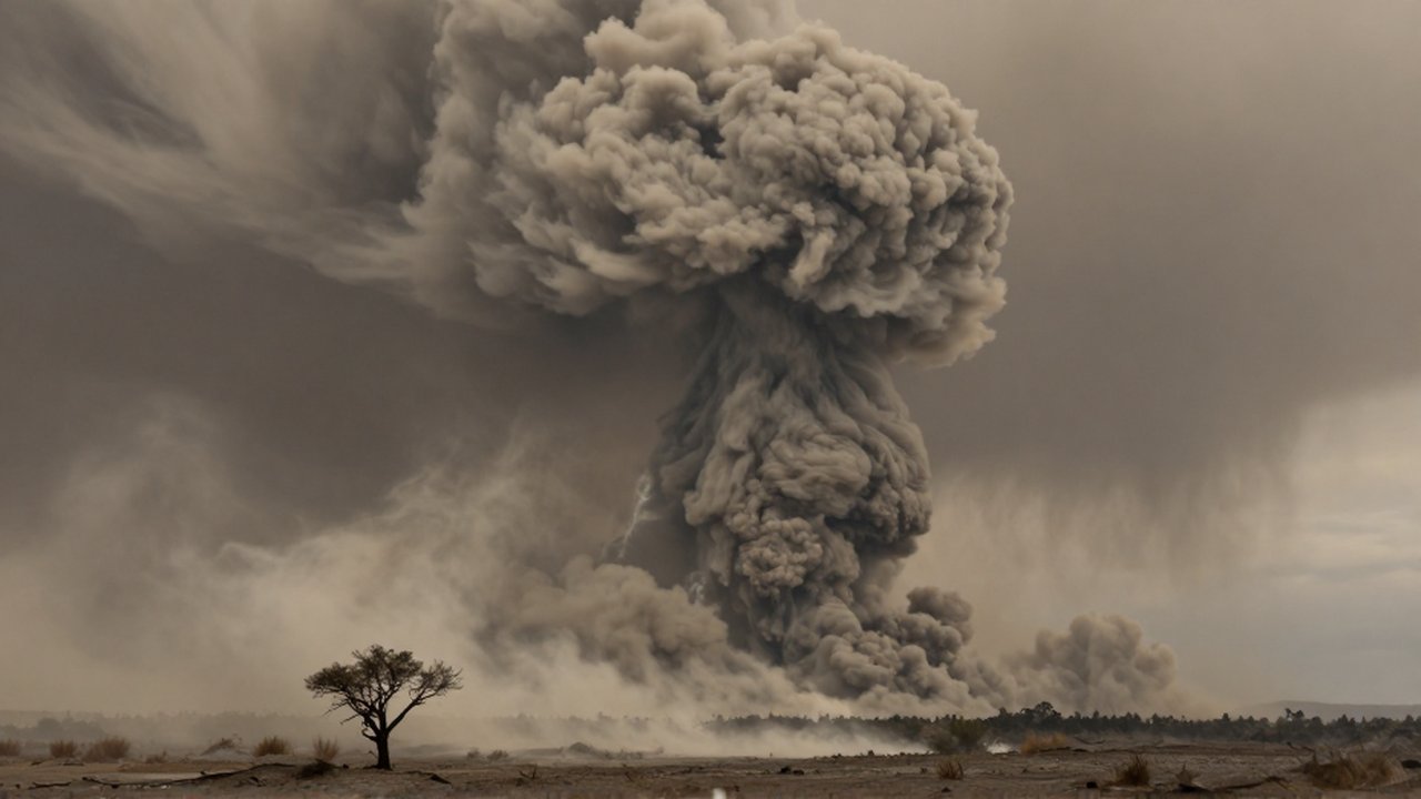 Gran columna de ceniza volcánica cubriendo un paisaje desolado y un árbol marchito bajo un cielo turbio.