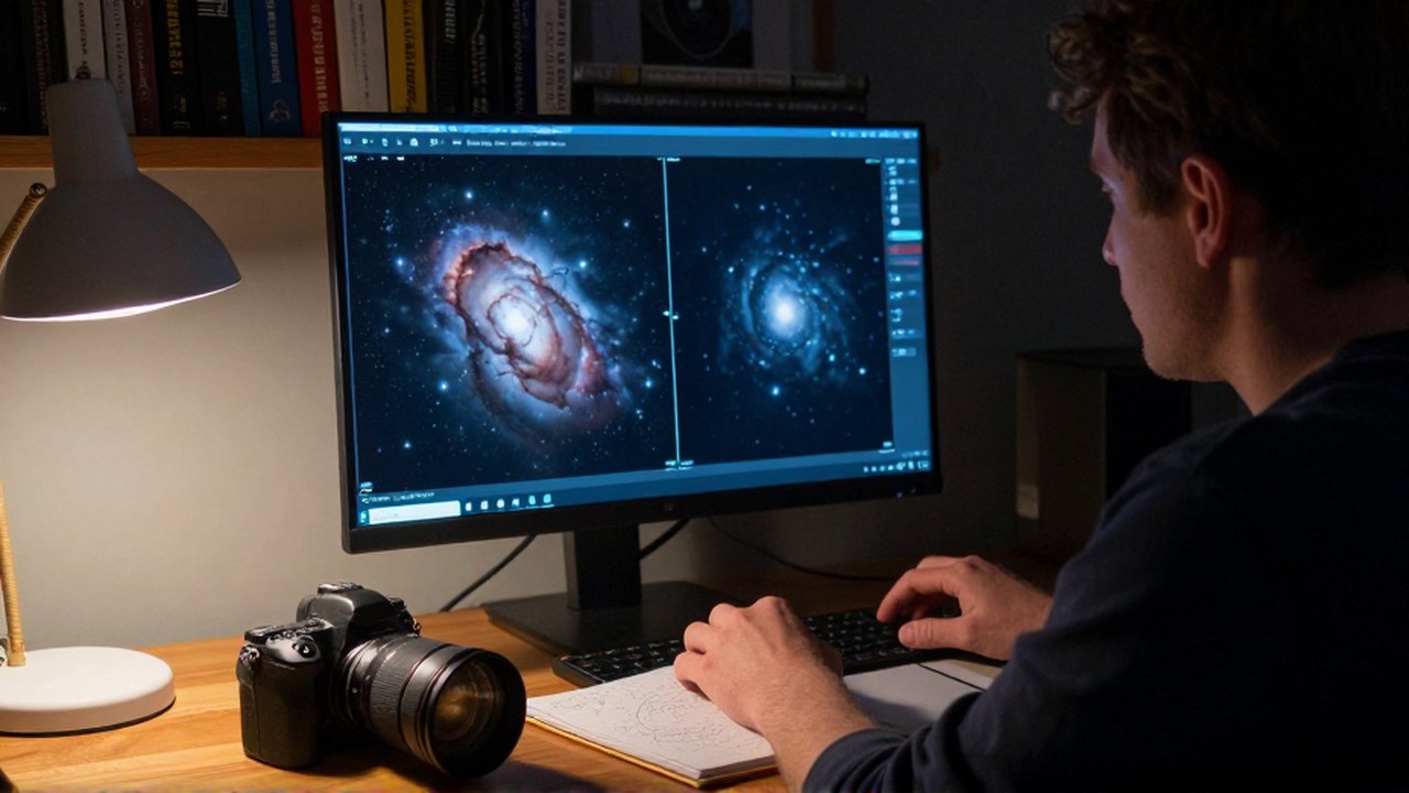 Un astrónomo aficionado edita una fotografía de la nebulosa de Orión frente a un monitor.