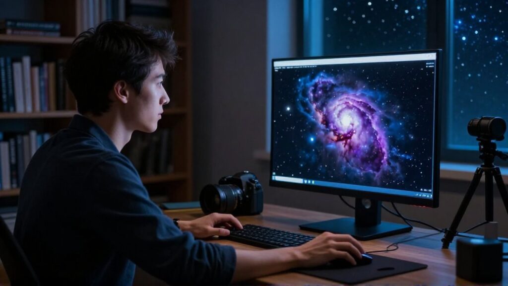 Un astrónomo aficionado edita una fotografía de la nebulosa de Orión frente a un monitor.