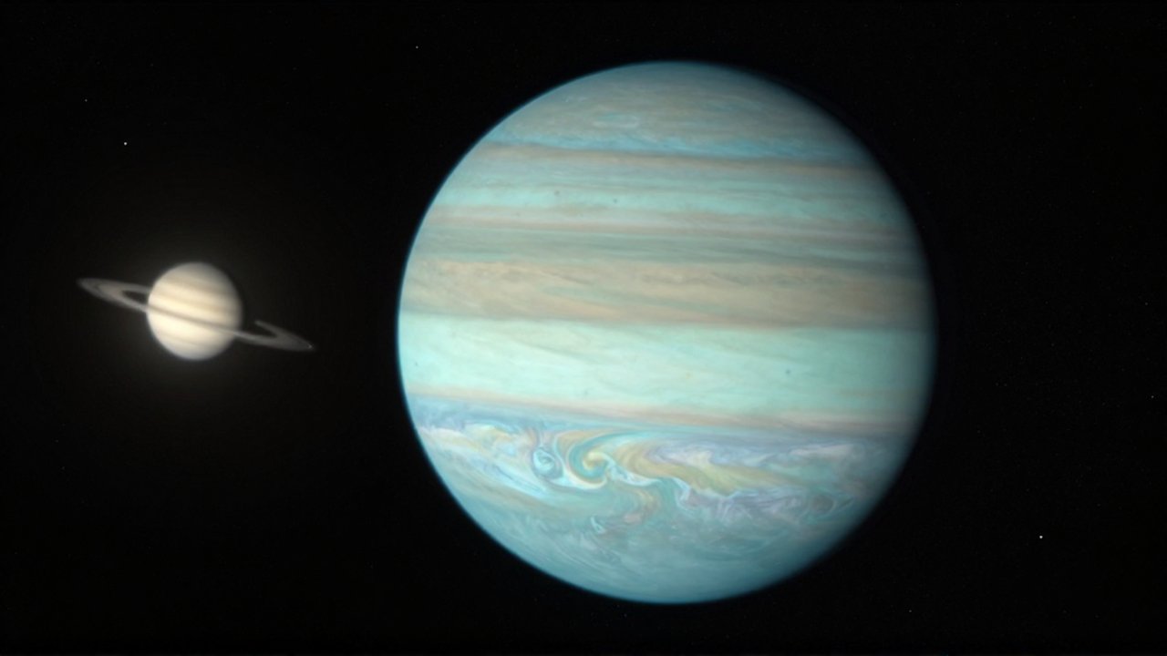 Primer plano del planeta Urano con su tono cian y nubes de hielo frente a Saturno en el espacio profundo.