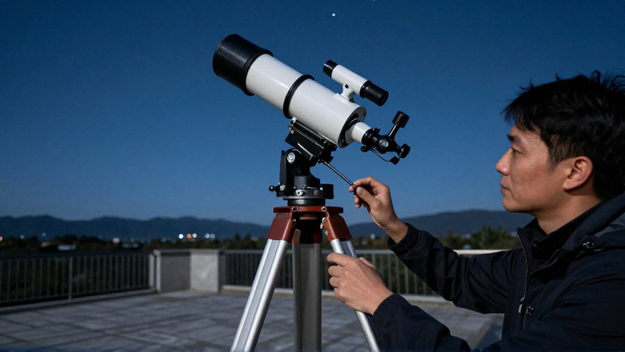 Un astrónomo ajusta con precisión las patas de un trípode frente a un gran telescopio bajo un cielo estrellado.