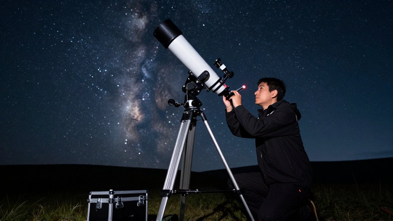 Un astrónomo ajusta con precisión un telescopio sobre un trípode bajo un cielo estrellado.