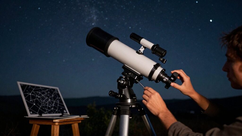 Un astrónomo ajusta con precisión los controles de un telescopio bajo un cielo nocturno estrellado.