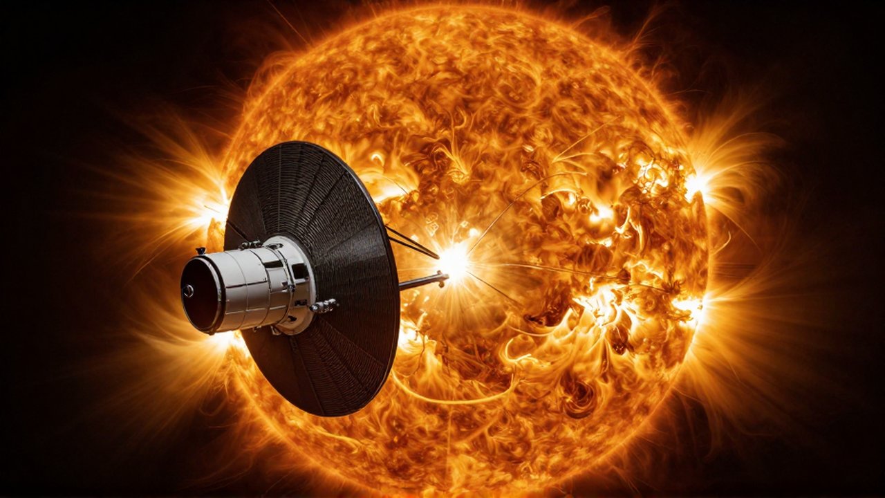 Sonda espacial con escudo térmico volando cerca de la superficie turbulenta y brillante del sol.