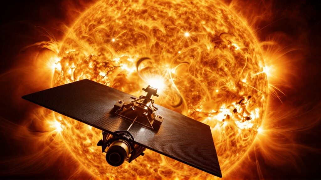 Sonda espacial con escudo térmico navegando entre intensas llamaradas y filamentos magnéticos del sol.
