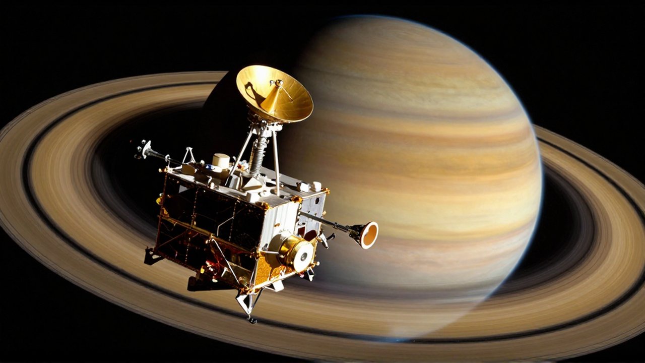 Sonda espacial con antena dorada sobrevolando los anillos y la atmósfera de Saturno.
