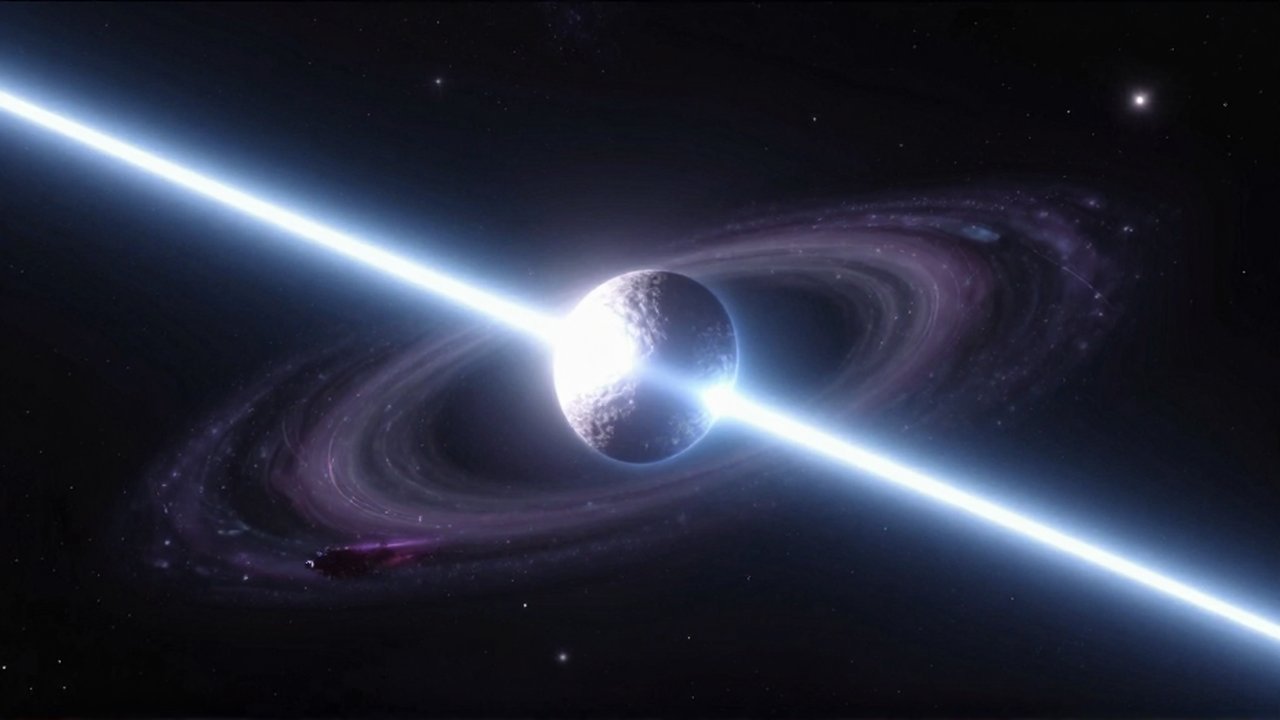 Estrella de neutrones girando en el espacio con dos intensos haces de luz azul que atraviesan la oscuridad.