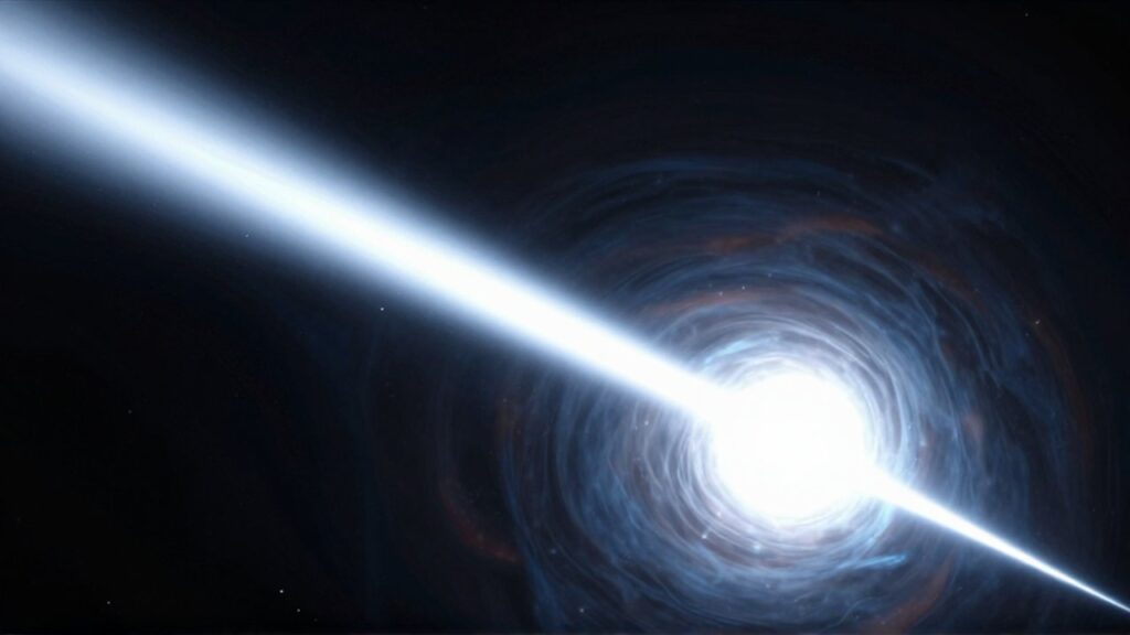 Una estrella de neutrones en rotación emite potentes haces de luz azul a través de una nebulosa oscura.