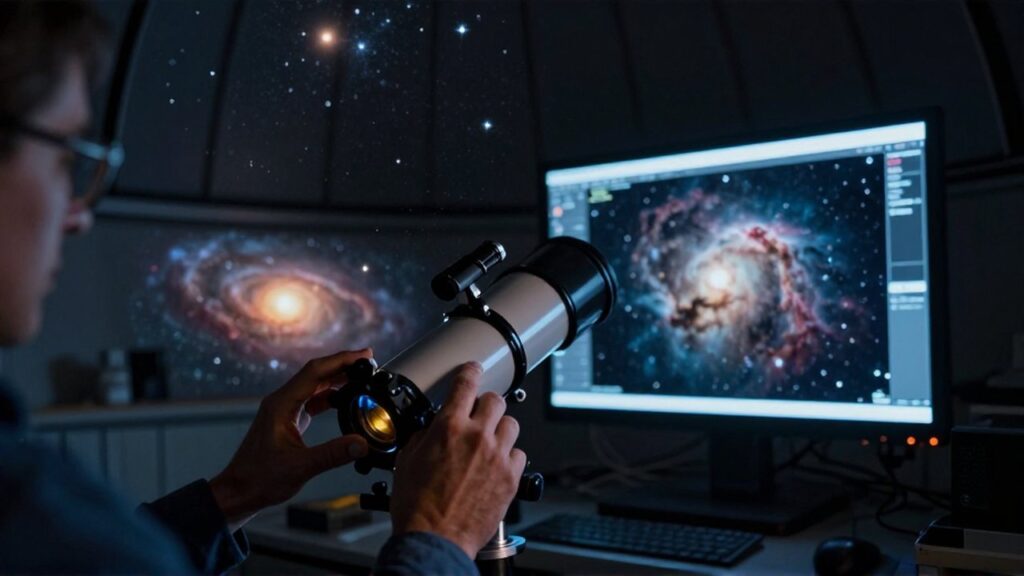 Un astrónomo ajusta el lente de un telescopio en un observatorio frente a una nebulosa.