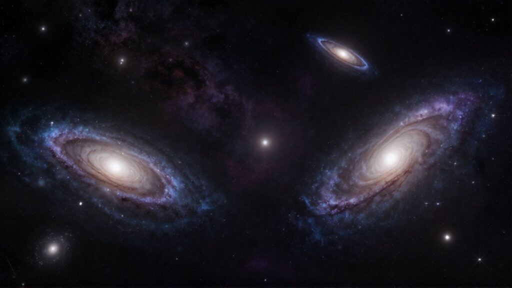 Varias galaxias espirales luminosas se alejan entre sí en la inmensidad del espacio profundo.