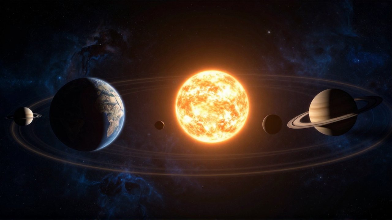 Un sol brillante en el centro de un vacío cósmico mantiene a los planetas en órbitas trazadas.