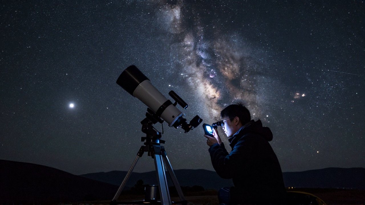 Un astrónomo usa un dispositivo digital junto a un gran telescopio bajo un cielo nocturno estrellado.
