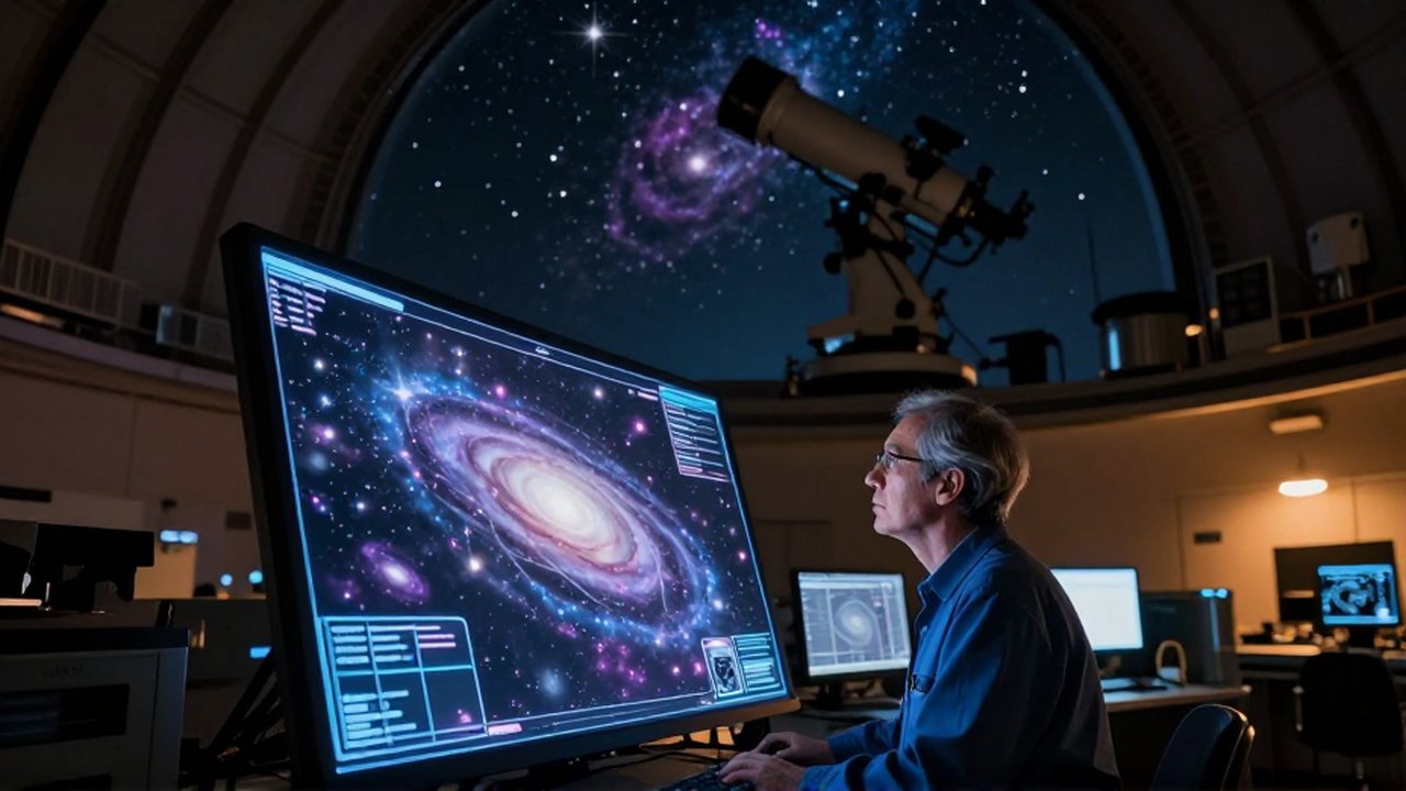 Un astrónomo analiza una proyección holográfica de galaxias frente a un telescopio en un observatorio.