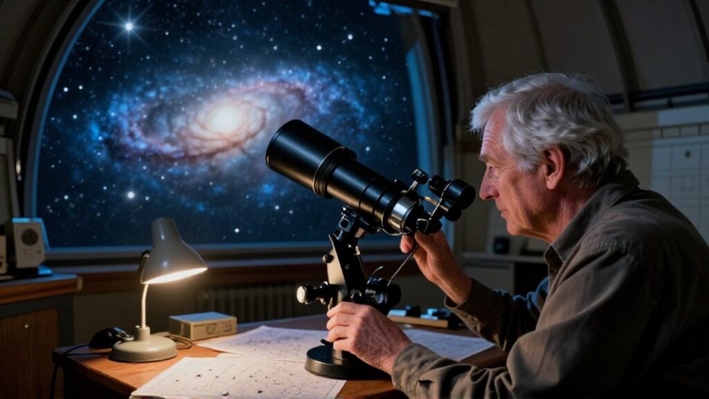 Un astrónomo de cabello plateado ajusta un telescopio profesional en un observatorio hacia una galaxia brillante.