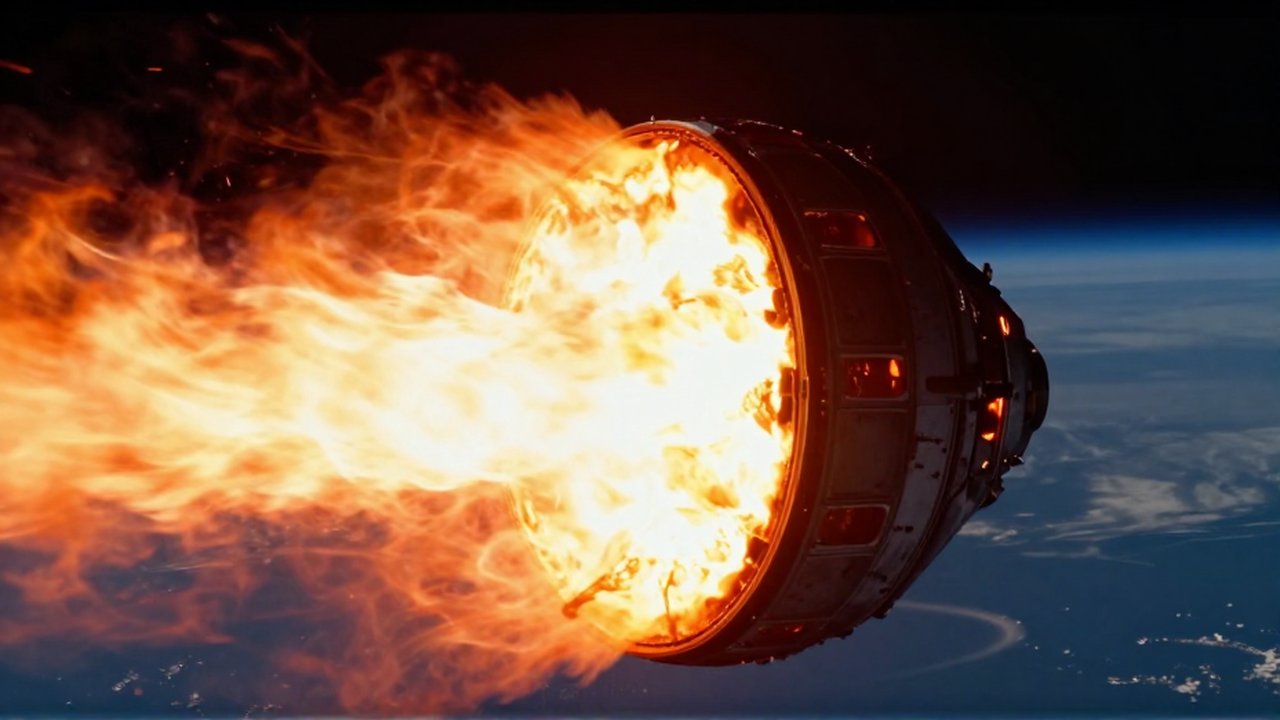 Cápsula espacial envuelta en plasma ardiente mientras atraviesa la atmósfera terrestre durante la reentrada.
