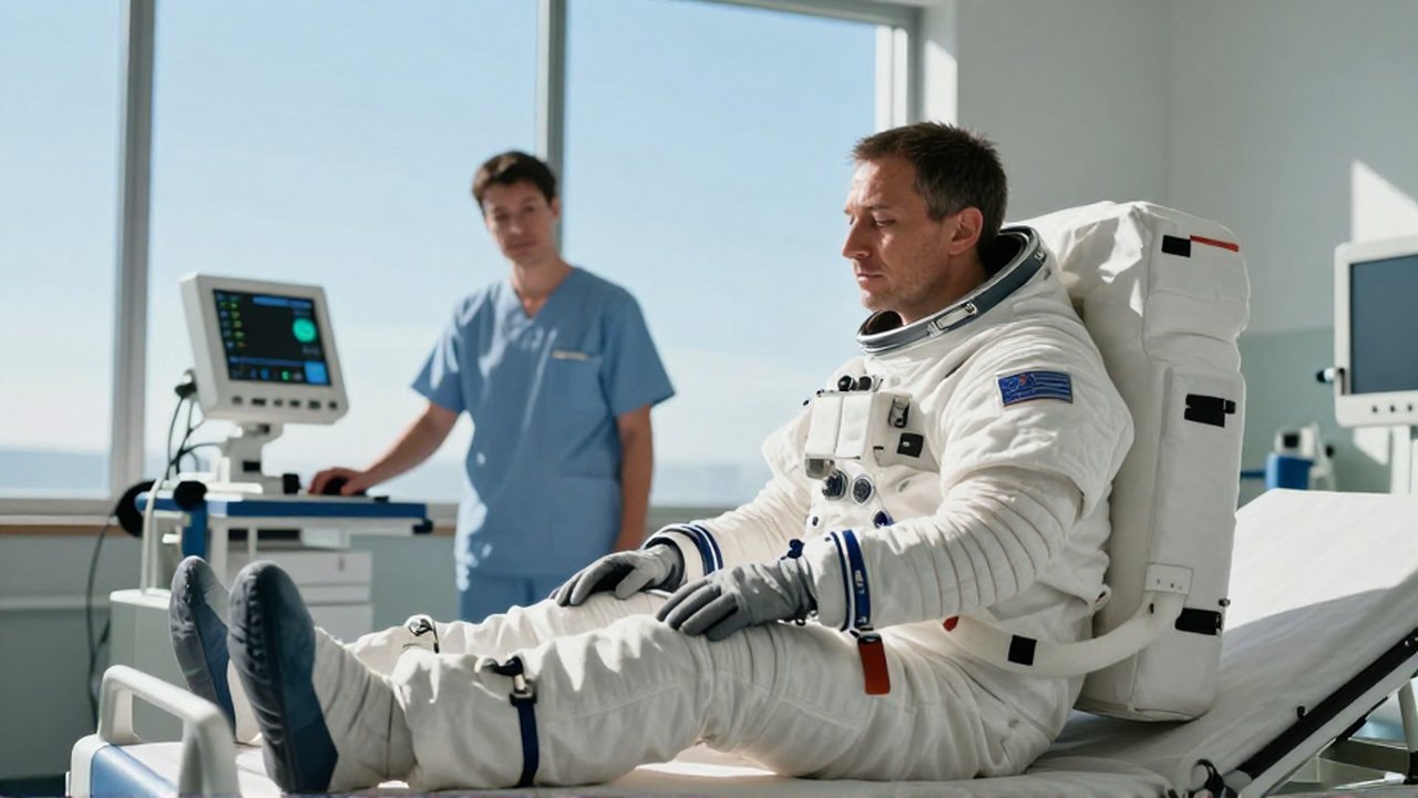 Astronauta cansado realiza ejercicios de fisioterapia sentado en una cama médica en un centro de rehabilitación.