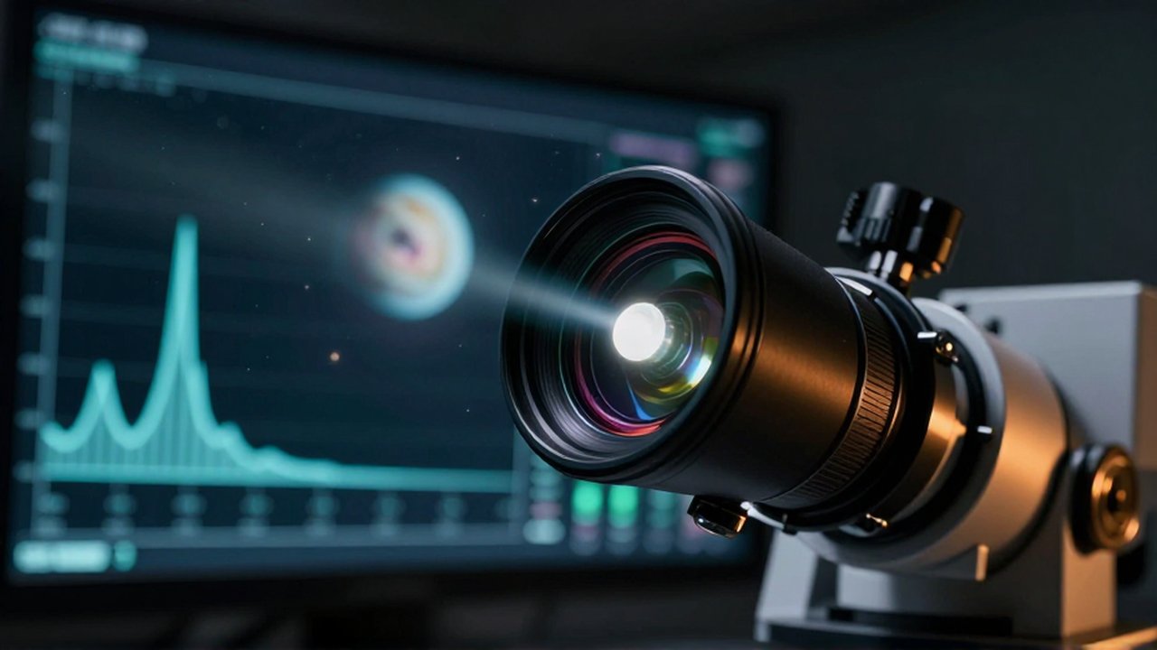 Primer plano de un lente de telescopio analizando la atmósfera de un exoplaneta brillante.