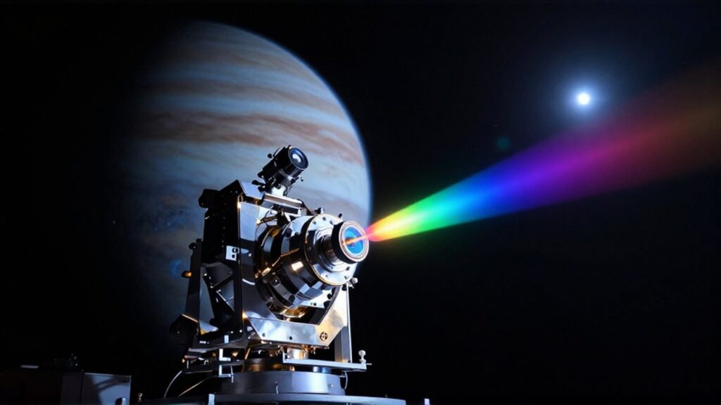 Satélite tecnológico analizando la atmósfera de un exoplaneta mediante un espectrógrafo que descompone un rayo de luz.