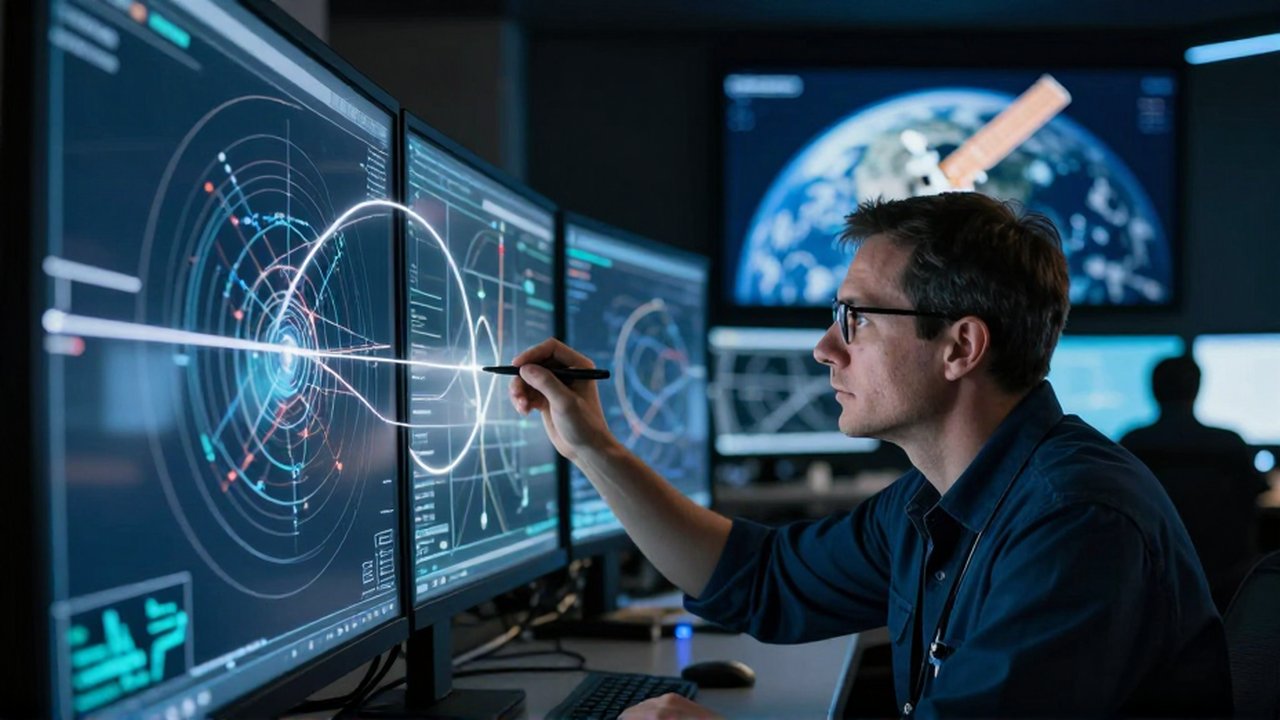 Ingeniero aeroespacial analizando trayectorias orbitales en pantallas digitales dentro de un centro de control tecnológico.