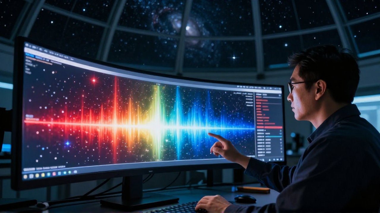 Astrónoma analizando una secuencia de espectros estelares coloridos en la interfaz de un observatorio moderno.