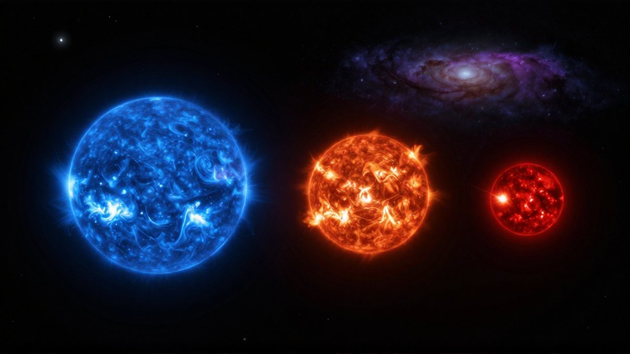 Comparación visual de una brillante estrella azul supergigante junto a una pequeña y tenue enana roja en el espacio.
