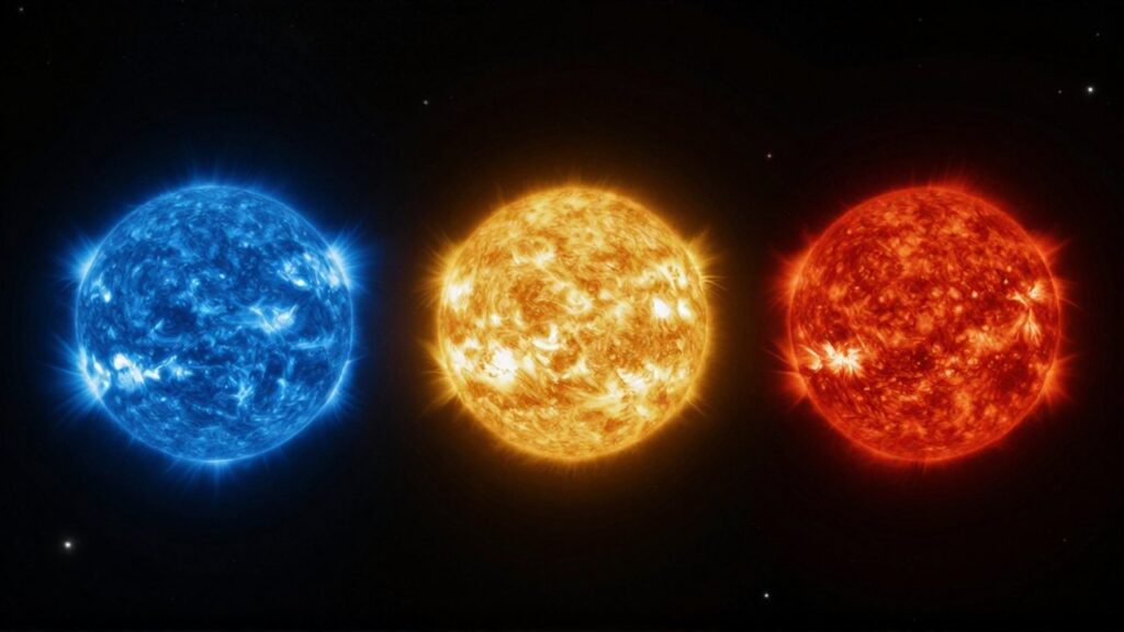 Comparación de tres estrellas con diferentes temperaturas y colores: una azul