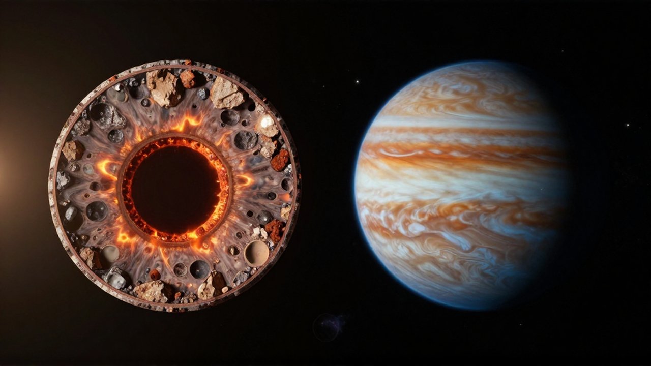 Visualización de sección transversal que muestra la estructura interna de un planeta rocoso y uno gaseoso.