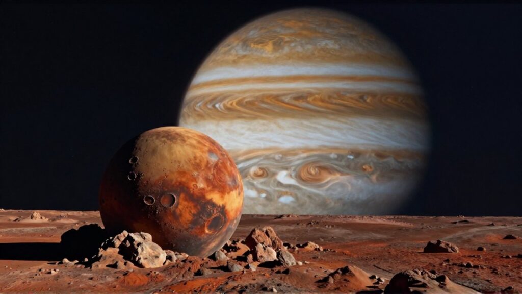 Un pequeño planeta rocoso de tonos rojizos junto a un enorme gigante gaseoso con nubes arremolinadas.