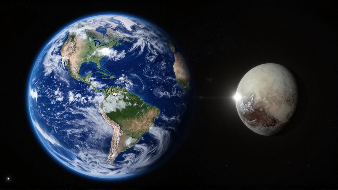 Comparación de escala entre la Tierra, un planeta azul y vibrante, y el pequeño y gris Plutón en el espacio.