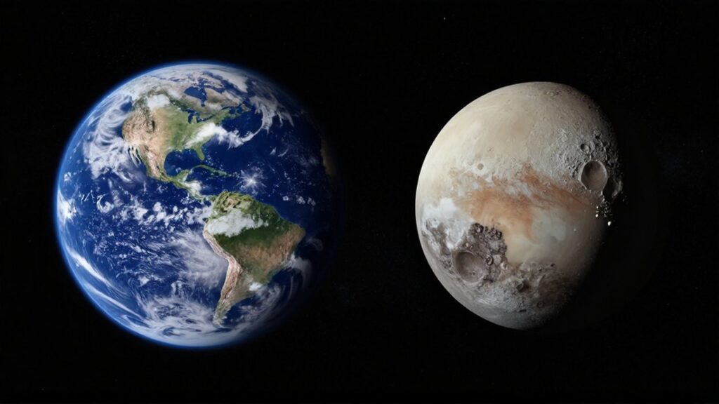 Comparación de escala en el espacio profundo que muestra la magnitud de la Tierra frente al pequeño y helado Plutón.