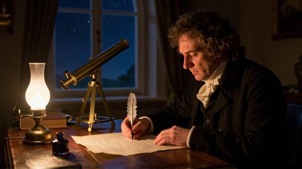 Astrónomo del siglo XIX escribe cálculos matemáticos en un escritorio junto a un gran telescopio bajo un cielo nocturno.