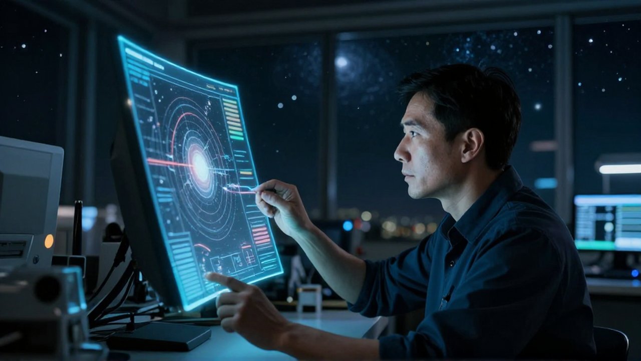 Un astrofísico analiza datos de un sistema estelar mediante una proyección holográfica en un observatorio moderno.