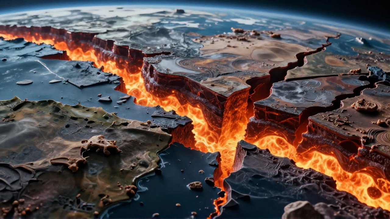 Corte transversal de la Tierra que muestra placas tectónicas separándose con magma ascendiendo desde el manto.