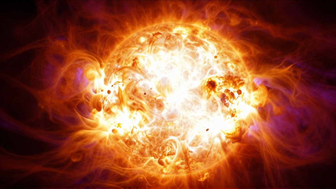 Sección transversal de un núcleo solar brillante con plasma turbulento y partículas en fusión.