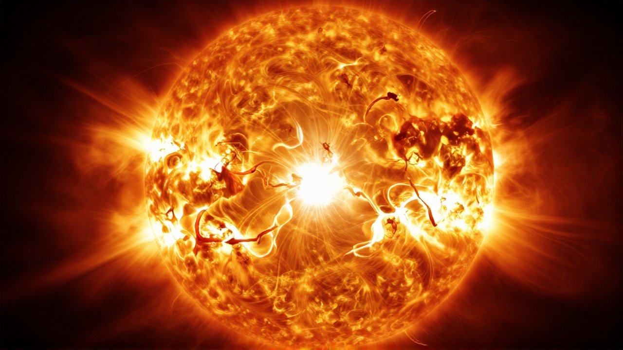 Corte transversal hiperrealista del núcleo solar con plasma turbulento de colores dorado, naranja y rojo.