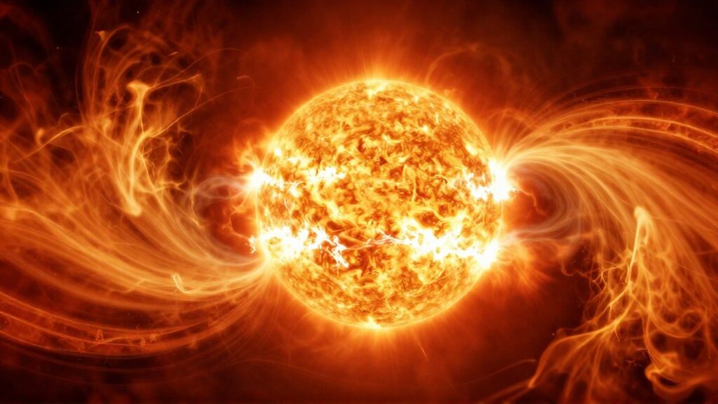 Corte transversal del interior solar que muestra un núcleo brillante rodeado de capas de plasma naranja y rojo.
