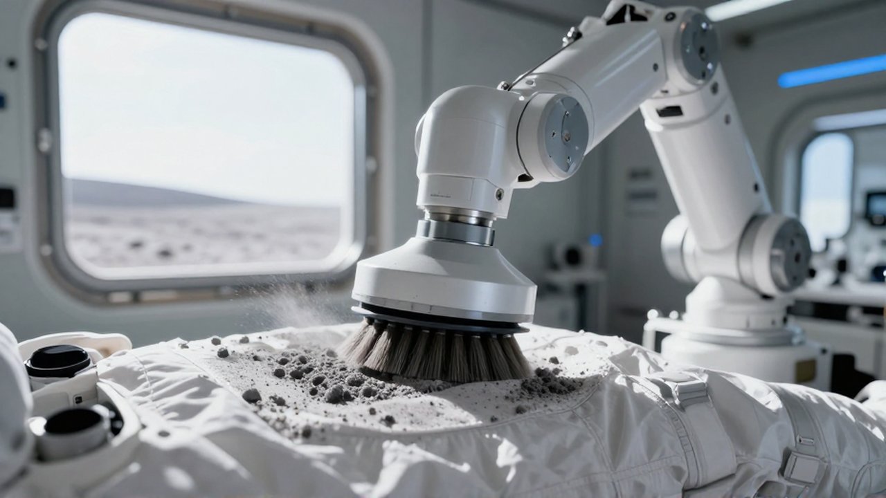 Brazo robótico utiliza un cepillo electrostático para limpiar polvo lunar de un traje espacial blanco.