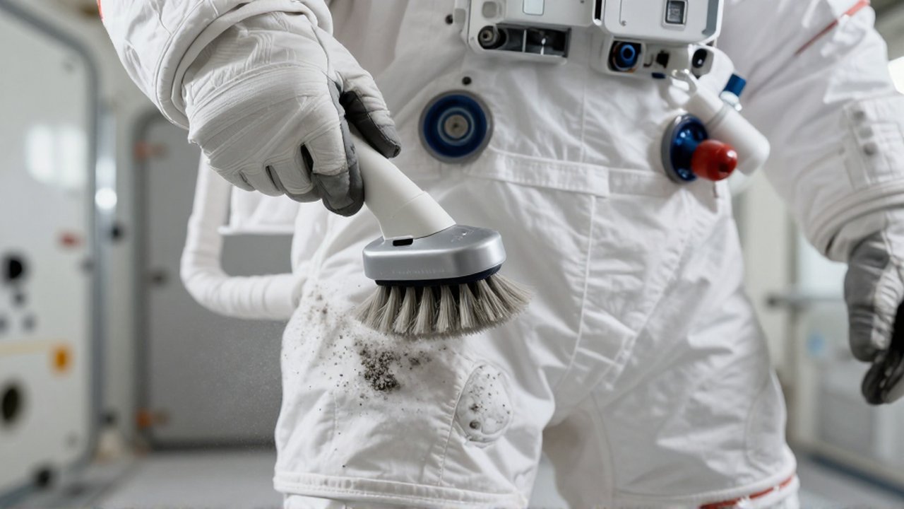 Un cepillo especializado limpia el polvo gris de la tela de un traje espacial en una base lunar.